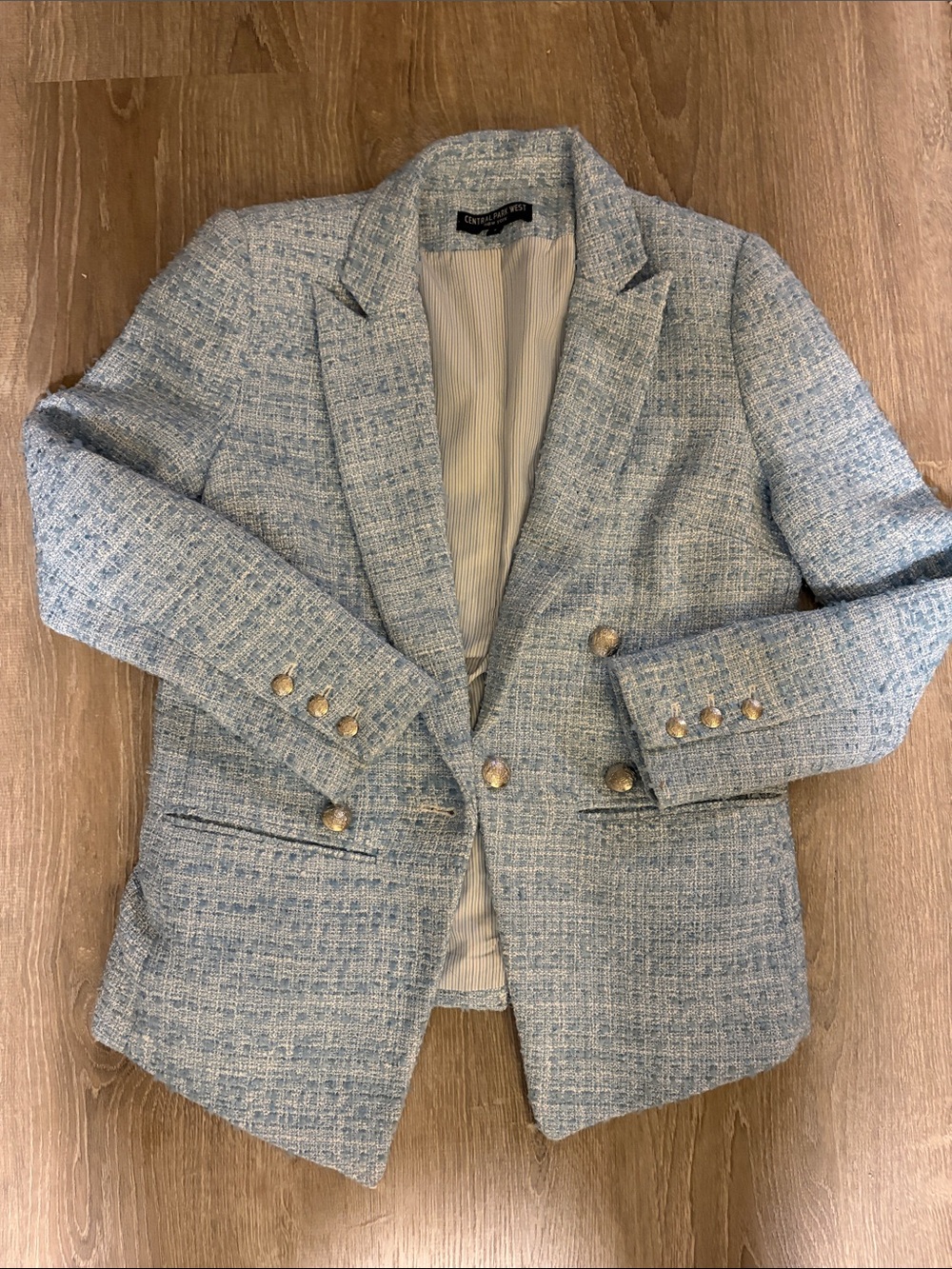 Central Park West powder blue tweed blazer for summer style
